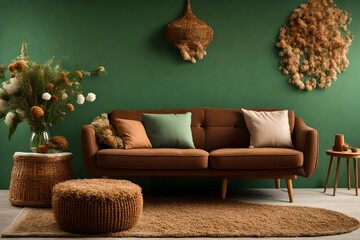 Cozy brown sofa with cushion, pouf and dried flowers in vase on green background - obrazy, fototapety, plakaty