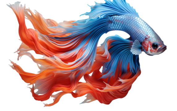 A stunning blue and red fish with a long, flowing tail swims gracefully amidst colorful coral reefs