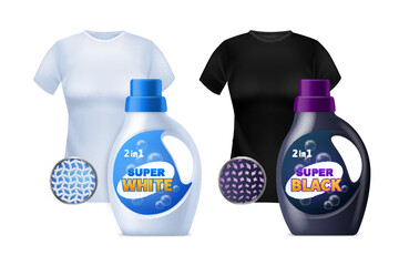 Laundry gels. White and black t-shirt, plastic bottles with cleaning product for clothes, fabric fibers. Washing gel advertising banner template. Detergent product branding. Vector set