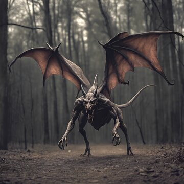 
The legendary Jersey Devil prowls in the woods, its presence foreboding. With horns like a devil, bat-like wings, and clawed hands and feet, it can prey from the ground or sky.