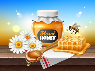 Honey composition. Glass jar, wooden spoon with dripping syrup, chamomile flowers, flying bee. Realistic isolated elements. Advertising banner. Sweet food natural dessert, vector concept