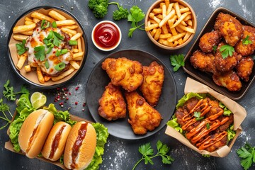 Tray of fried food, fatty food with wings and fries, burgers and ketchup.
Concept: Fast food for football matches and parties. - obrazy, fototapety, plakaty