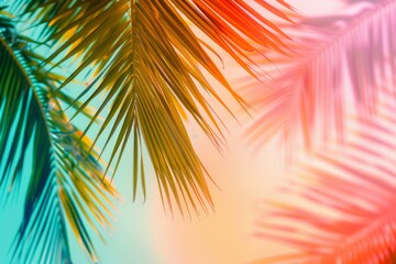 Fototapeta na wymiar Colorful palm leaves on pastel background with gradient effect Abstract summer concept Generative AI