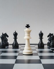  white king alone against black figures chess board - obrazy, fototapety, plakaty