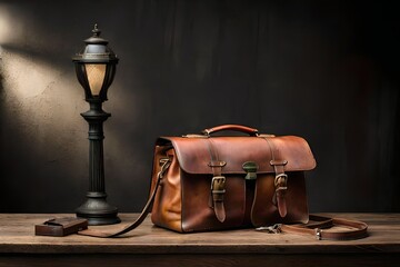 Vintage leather briefcase next to street lamp on wood surface in dim light.
