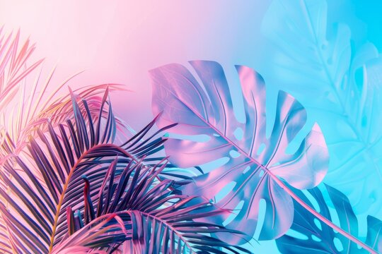 Colorful palm leaves in pastel blue and pink gradient background, summer concept banner with copy space for text Generative AI