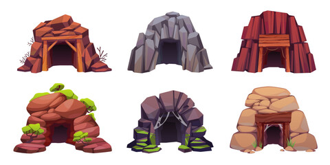 Cave entrances. Mountain doors in mines, mineral extraction, holes in stones, cliffs and hills. Abandoned caverns with moss and cobwebs, landscape cartoon isolated tidy vector tunnels set