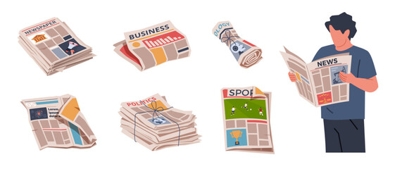 Cartoon periodical newspapers. Rolls, stacks, folded press, man reads periodicals, daily news, columns and publications, business and sport media information, nowaday vector isolated set