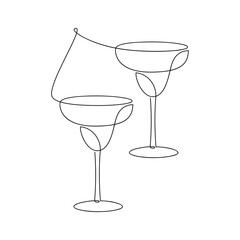 Two cocktail glasses cheers line continuous drawing. Hand drawn drink vector illustration. Linear silhouette. Minimal design, print, banner, card, bar wall art poster, menu, logo, sketch.