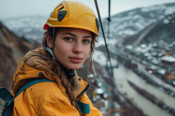 Climber girl. A beautiful girl in a helmet conducts a training climb in the mountains before a big climb.