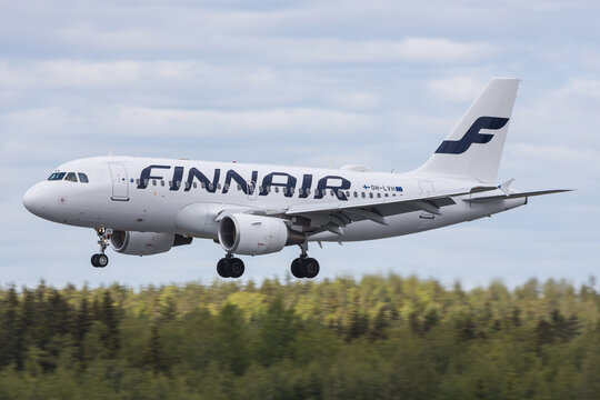 Helsinki, Finland - June 5, 2023: Finnair landing after a flight with Airbus A319