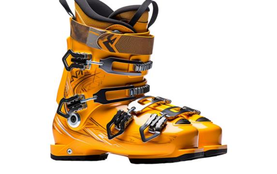 A vibrant pair of yellow ski boots standing out on a clean white background