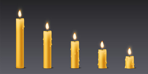 Candle combustion stages set. Realistic isolated elements for animation. Natural candles, wax light, flickering fire. Paraffin burning. Church and spa. Realistic 3d isolated elements. Vector concept