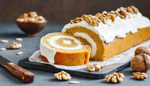 Pumpkin cheesecake roll dessert sliced with white butter creme icing with chopped walnuts. AI