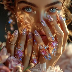 Long sharp nails covered with glitter
Concept: Nail art, nail design, manicure workshop, femininity and sophistication