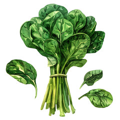 A set of watercolor illustrations of spinach on a transparent background. Branches, bunches, and leaves of spinach in watercolor technique. Fresh green leaves.