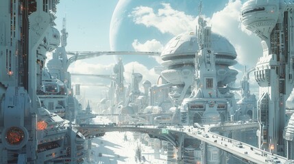 Fototapeta premium A futuristic cityscape with a large planet in the background. The buildings are tall and white, and there are many people walking around. Scene is one of wonder and excitement