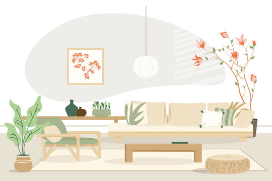 Cozy detailed living room interior in Japandi or Scandinavian style with a stylish combination of fashionable natural tones. Sofa with pillows, plants, table. Modern interior design