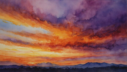 Vibrant sunset sky in abstract watercolor, orange and purple tones merging.