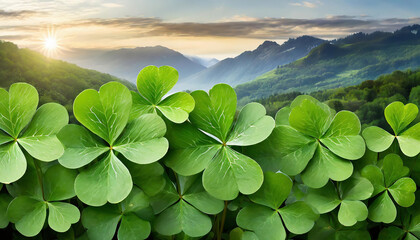Green clover leaves on the background of the mountains. Nature background - obrazy, fototapety, plakaty