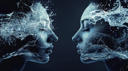 Two women's faces are shown in a blue watery background. The water is flowing and splashing around them, creating a sense of movement and energy - obrazy, fototapety, plakaty