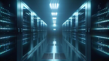 data center with rows of servers, digital age infrastructure, data storage and processing, HD, 4K