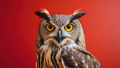 Studio portrait of surprised owl, isolated on red background with copy space  - obrazy, fototapety, plakaty