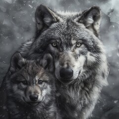 Wolf and its wolf cub