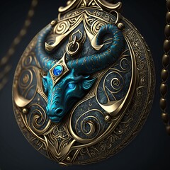 3D illustration of a fantasy dragon with a golden ornament on a black background