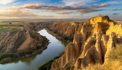 Fototapeta na wymiar River and desert land in a canyon with enchanting sunset colors in the sky