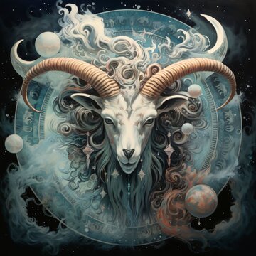 Zodiac sign Capricorn with a long horned goat on the background of the planet.