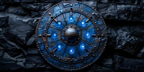 Fototapeta premium Enchanted Viking Shield: Blue Glowing Design on Black Background. Concept Fantasy Art, Viking Culture, Enchanted Shield, Blue Glowing Design, Black Background