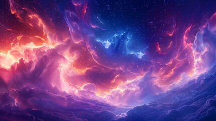 Naklejka na ściany i meble A colorful space scene with pink, blue, and purple clouds and stars. The sky is filled with a variety of colors and shapes, creating a sense of wonder and awe