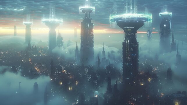 A cityscape with tall buildings and a cloudy sky. The buildings are lit up at night, creating a futuristic and mysterious atmosphere