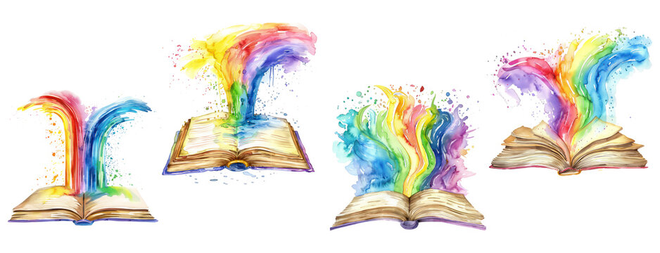 set of watercolor clipart of an open book with magical creatures flying out sparking imagination ,transparent background
