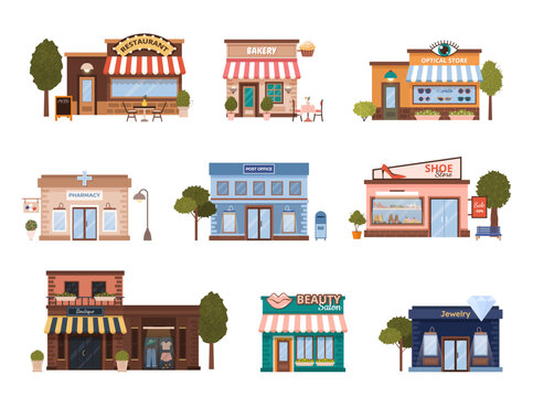 Set of various flat urban building icons. Isolated municipal restaurant, post office, jewelry, pharmacy, boutique, optics store, shoe store, beauty salon on white background. Vector illustrations.