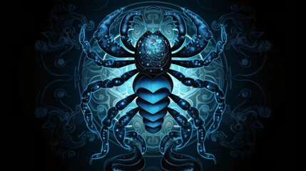 Digital illustration of a spider in colour background with blue floral ornament.