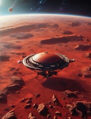 Massive spacecraft hovering about a mountainous red alien world