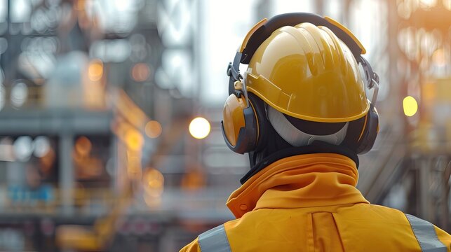 A worker wearing a safety helmet and headphones. AI generated illustration