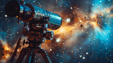 A telescope is pointed at a starry sky. The telescope is on a tripod and is looking at a star