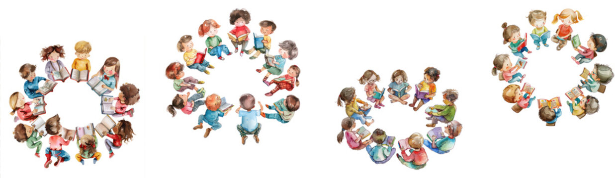set of Watercolor clipart of children sitting in a circle each holding a book ,transparent background