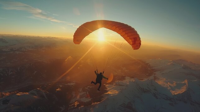 A man is flying a parachute in the sky. The sun is shining brightly, creating a warm and inviting atmosphere