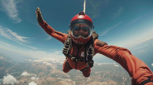 A man in a red jumpsuit is taking a picture of himself while skydiving. Concept of adventure and excitement, as the man is captured in mid-air, surrounded by clouds and mountains