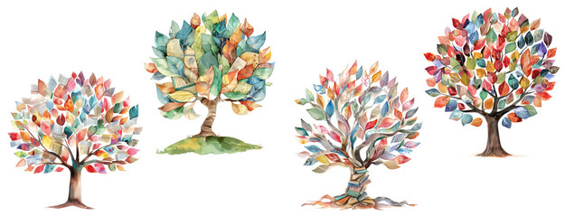set of  whimsical tree watercolor clipart ,transparent background - obrazy, fototapety, plakaty