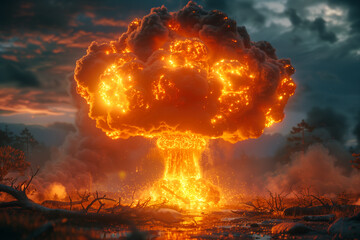 Nuclear atomic bomb explosion, radioactive war weapon, contamination disaster, mushroom fireball - 774336561