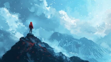 A person in a red jacket stands on a mountain top. The sky is blue and cloudy. The person is looking out over the mountains