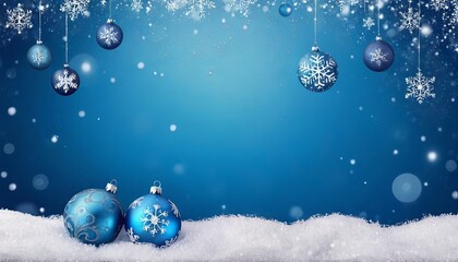 Christmas background with a blue color, decorated with snowflakes and Christmas balls, with a Copy space