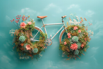 Bicycle covered with plants and flowers, eco and environment concept, sustainable transport and travel, protect nature, bike and earth day
- 774336714