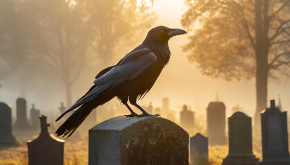 Black crow standing on a cemetery tombstone on a misty morning at sunrise.