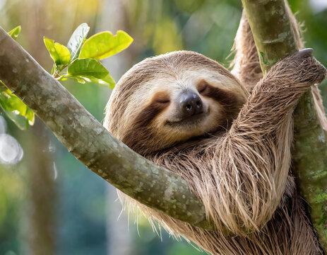 Portrait of two-toed sloth hanging on the tree  with eyes closed, seemingly in a peaceful sleep 